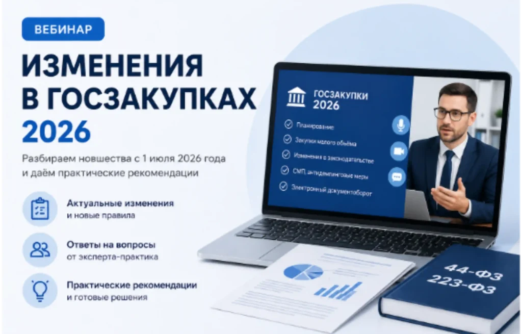 Баннер вебинара «Изменения в госзакупках 2026» с экспертом, ноутбуком и материалами по 44-ФЗ и 223-ФЗ.